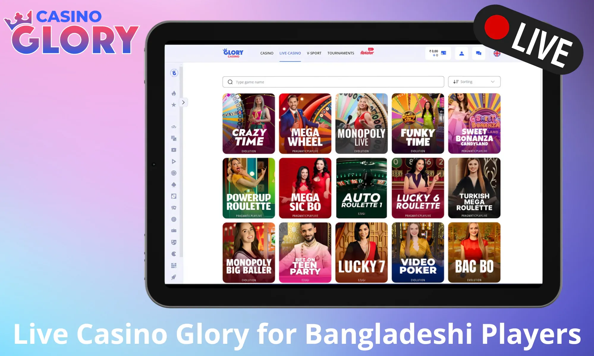 Live Casino at Glory Casino for Bangladeshi Players